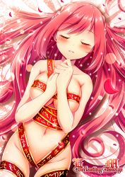 Rule 34 | 1girl, akine (kuroyuri), bed sheet, breasts, collarbone, from above, groin, highres, large breasts, long hair, lying, naked ribbon, navel, nude, on back, own hands together, petals, rasis, red hair, ribbon, solo, sound voltex, underboob