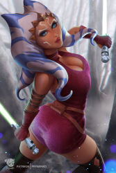 Rule 34 | 1girl, ahsoka tano, alien, blue eyes, breasts, cleavage, dress, dual wielding, gloves, green lightsaber, highres, holding, holding lightsaber, holding weapon, jedi, large breasts, lightsaber, looking at viewer, prywinko, red dress, red gloves, reverse grip, solo, star wars, thighhighs, togruta, weapon