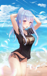 Rule 34 | 1girl, absurdres, ahoge, arched back, armpit peek, arms behind head, arms up, beach, bikini, black bikini, black choker, black shirt, blue hair, breasts, bubble, choker, cowboy shot, day, groin, hair tie in mouth, halterneck, highres, long hair, looking at viewer, medium breasts, mole, mole under eye, mouth hold, no pants, original, outdoors, ponytail, red eyes, runa (user guwn7382), shirt, short sleeves, side-tie bikini bottom, solo, standing, swimsuit, thighs, water, wet