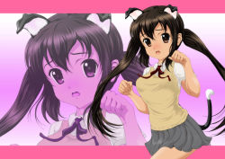 Rule 34 | 1girl, animal ears, black hair, breasts, brown eyes, cat ears, cat girl, cat tail, female focus, gradient background, k-on!, nakano azusa, nanashi noiji, paw pose, school uniform, solo, sweater vest, tail, twintails, zoom layer
