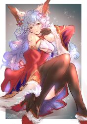 Rule 34 | 1girl, animal ears, bare shoulders, blue hair, blush, breasts, brown gloves, brown thighhighs, cleavage, detached sleeves, diffraction spikes, ferry (granblue fantasy), ferry (santa minidress) (granblue fantasy), gloves, granblue fantasy, hand up, highres, long hair, nattsun (018), orange eyes, parted lips, sitting, small breasts, solo, thighhighs, twitter username, underboob, wide sleeves