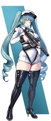 Rule 34 | 1girl, absurdres, agetama, aqua hair, aqua nails, assault rifle, black thighhighs, boots, breasts, choppy bangs, dangle earrings, earrings, full body, goddess of victory: nikke, gun, harness, hat, high heel boots, high heels, highres, holding, holding gun, holding weapon, jewelry, large breasts, long hair, looking at viewer, military rank insignia, nail polish, privaty (nikke), rifle, ringlets, shoulder boards, sidelocks, skindentation, solo, standing, thick thighs, thigh boots, thighhighs, thighs, trigger discipline, twintails, very long hair, weapon, weapon request, white hat, white romper, yellow eyes, zipper footwear