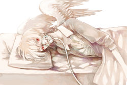 Rule 34 | androgynous, angel wings, blanket, clona, commentary request, cotori (clona), feathered wings, gender request, looking at viewer, lying, male focus, muted color, nisoku hokou (vocaloid), on bed, on side, original, oxygen mask, pale color, pillow, red eyes, shirt, simple background, sleeves pushed up, solo, spot color, vocaloid, white background, white wings, wings