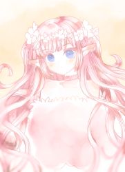 Rule 34 | 1girl, blue eyes, choker, commentary, copyright request, dress, head wreath, highres, kaoruru (sakuno2911), long hair, looking at viewer, parted lips, pink choker, pink dress, pink hair, pointy ears, sketch, solo, symbol-only commentary, upper body, very long hair, yellow background