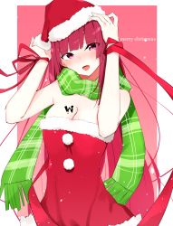 Rule 34 | 1girl, :d, absurdres, arms up, blush, breasts, christmas, cleavage, dress, fur-trimmed dress, fur trim, girls&#039; frontline, green scarf, hair ribbon, head tilt, highres, ichiki 1, large breasts, long hair, looking at viewer, merry christmas, one side up, open mouth, outside border, pink background, purple hair, red dress, red eyes, red ribbon, ribbon, scarf, sidelocks, simple background, smile, solo, tattoo, upper body, very long hair, wa2000 (girls&#039; frontline), wrist ribbon