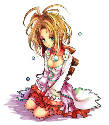 Rule 34 | 1girl, antenna hair, blonde hair, breasts, brooch, cleavage, collarbone, full body, gem, green eyes, jewelry, kara (color), lady pearl, legend of mana, long sleeves, looking at viewer, seiken densetsu, short hair, simple background, solo, white background