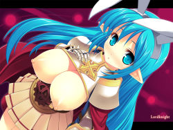 Rule 34 | 1girl, :o, animal ears, armor, blue eyes, blue hair, blush, breasts, breasts out, rabbit ears, cape, character name, dutch angle, elf, fake animal ears, gauntlets, hand on own chest, kinoshita ichi, large breasts, long hair, looking at viewer, lord knight (ragnarok online), matching hair/eyes, nipples, pleated skirt, pointy ears, ragnarok online, skirt, solo, uniform