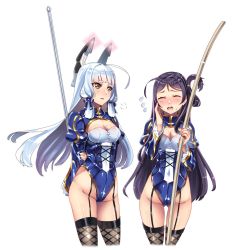 Rule 34 | 2girls, arm behind back, artoria pendragon (all), artoria pendragon (fate), black hair, blue hair, blush, breasts, cleavage, cosplay, crossover, fate/grand order, fate/stay night, fate (series), flying sweatdrops, folded hair, framed breasts, garter straps, hand on own cheek, hand on own face, headgear, hiememiko, high school fleet, highres, holding, holding weapon, kantai collection, leotard, long hair, marikouji kaede, multiple girls, murakumo (kancolle), open mouth, polearm, saber (fate), saber (fate) (cosplay), sidelocks, simple background, tears, thighhighs, weapon, white background, yuri