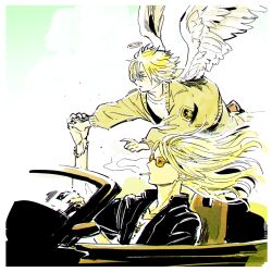Rule 34 | 2boys, angel wings, black jacket, blonde hair, bracelet, car, cigarette, cloud, convertible, daybit sem void, driving, fate/grand order, fate (series), feathered wings, floating hair, flying, halo, jacket, jewelry, long hair, looking to the side, male focus, motor vehicle, multiple boys, nobicco, open clothes, open jacket, orange-tinted eyewear, shirt, short hair, simple background, smoke, smoking, sunglasses, tezcatlipoca (fate), tinted eyewear, upper body, white shirt, wings