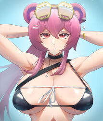 Rule 34 | 1girl, absurdres, animal ears, arknights, armpits, arms behind head, arms up, bikini, black bikini, black choker, blue background, breasts, choker, commentary, eyewear on head, highres, large breasts, lin (arknights), long hair, looking at viewer, mouse ears, official alternate costume, parted lips, pink hair, purple eyes, solo, sunglasses, swimsuit, upper body, very long hair, vodoke