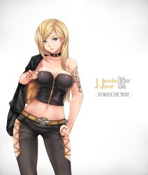 Rule 34 | 1girl, bare shoulders, belt, black nails, blonde hair, blue eyes, breasts, cleavage, collar, collarbone, ear piercing, english text, gradient background, hand on own hip, hatakeyama hiro, highres, ho2nium, jacket, jacket on shoulders, unworn jacket, jennifer jarret, jewelry, lipstick, long hair, makeup, midriff, nail polish, navel, pants, piercing, ring, skull tattoo, solo, stayblack, strapless, tattoo, tube top, white background, zipper