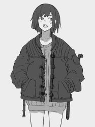 Rule 34 | 1girl, belt, belt buckle, black coat, black hair, blush, buckle, coat, collarbone, commentary, facing viewer, grey background, grey sweater, greyscale, hands in pockets, highres, long sleeves, looking to the side, monochrome, open mouth, original, short hair, simple background, sketch, solo, standing, sweater, teeth, unfastened, upper body, yusuke gg