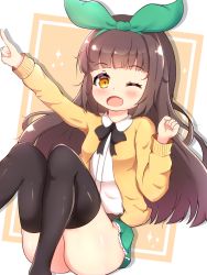Rule 34 | 1girl, ;d, absurdres, arm up, ass, black thighhighs, blunt bangs, bow, bowtie, brown eyes, brown hair, clenched hand, commentary request, green skirt, hairband, highres, indie utaite, indie virtual youtuber, knees together feet apart, long hair, long sleeves, looking at viewer, nanahira, one eye closed, open mouth, pleated skirt, pointing, pointing up, shirt, sidelocks, simple background, sitting, skirt, smile, solo, sweater, thighhighs, two-tone background, utaite, virtual youtuber, white shirt, zendamu