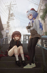 Rule 34 | 2girls, absurdres, ahoge, alternate costume, arrow (symbol), black footwear, black hoodie, black nails, black pantyhose, black shorts, blue hair, brown hair, brown skirt, building, camera, casual, chinese commentary, city, closed mouth, commentary, contemporary, flower-shaped pupils, full body, ganyu (genshin impact), genshin impact, goat horns, gradient hair, hands on own face, highres, holding, holding camera, hood, hood down, hoodie, horns, hu tao (genshin impact), long hair, long sleeves, looking at viewer, multicolored hair, multiple girls, open mouth, outdoors, pantyhose, plaid, plaid skirt, purple eyes, railing, red eyes, red hair, road sign, shirt, shirt partially tucked in, shoes, shorts, sign, sitting, skirt, smile, sneakers, socks, stairs, starsd, symbol-shaped pupils, utility pole, very long hair, white footwear, white shirt, white socks