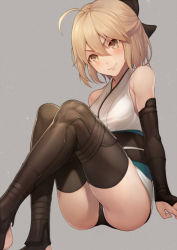 Rule 34 | &gt;:), 1girl, ahoge, arm at side, ass, bad id, bad pixiv id, bare shoulders, black bow, black panties, black thighhighs, blonde hair, blush, bow, brown eyes, closed mouth, detached sleeves, fate (series), feet out of frame, grey background, hair bow, half updo, japanese clothes, kimono, koha-ace, kyoeiki, long sleeves, looking at viewer, okita souji (fate), okita souji (koha-ace), panties, pantyshot, short hair, short kimono, simple background, sitting, smile, stirrup legwear, thighhighs, toeless legwear, underwear, v-shaped eyebrows, white kimono