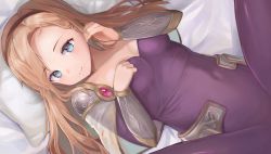 Rule 34 | 1girl, armor, bed sheet, blonde hair, blue eyes, breasts, covered navel, dress, eyebrows, gem, twirling hair, highres, hip armor, league of legends, looking at viewer, lux (league of legends), lying, medium breasts, medium hair, on back, pillow, purple dress, shoulder armor, smile, spread legs, taena