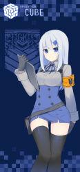 Rule 34 | 1girl, arm at side, armband, bag, black gloves, black thighhighs, blue background, blue eyes, blue skirt, blush, breast pocket, breasts, buttons, clipboard, coat of arms, collared shirt, cuffs, fhang, girls&#039; frontline, gloves, grey shirt, hair ornament, hairclip, handbag, harness, high-waist skirt, holding, knees together feet apart, large breasts, light smile, logo, long hair, long sleeves, looking at viewer, neck ribbon, original, pocket, ribbon, rubik&#039;s cube, shirt, shirt pocket, silver hair, skirt, solo, standing, straight hair, striped, striped background, swept bangs, taut clothes, taut shirt, thigh gap, thighhighs, zettai ryouiki