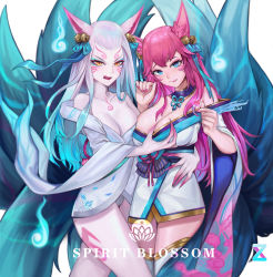 Rule 34 | 2girls, absurdres, ahri (league of legends), animal ear fluff, animal ears, bare shoulders, bell, blue eyes, blue eyeshadow, grabbing another&#039;s breast, breasts, cleavage, closed mouth, collarbone, dual persona, english text, eyeshadow, facial mark, fingernails, fox ears, fox tail, grabbing, gradient hair, groping, hair bell, hair ornament, heart, highres, hitodama, japanese clothes, kitsune, lan xiezi, league of legends, licking, licking lips, long fingernails, long hair, long straw, makeup, multicolored hair, multiple girls, multiple tails, nail polish, orange eyes, pale skin, pink eyeshadow, pink hair, pink nails, purple hair, sharp fingernails, signature, simple background, spirit blossom ahri, tail, tongue, tongue out, very long fingernails, whisker markings, white background, wide sleeves
