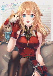 Rule 34 | 1girl, absurdres, belt, blue eyes, breasts, cat, commission, dated, gloves, hand in own hair, highres, hoshino char, jacket, long hair, medium breasts, military, military uniform, oas, open mouth, red gloves, red jacket, skeb commission, sleeveless, sleeveless jacket, smile, solo, thigh strap, thighhighs, tsunderia, uniform, virtual youtuber, wrist cuffs