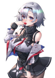 Rule 34 | 1girl, anchor symbol, ashisi, azur lane, bad id, bad pixiv id, bangle, bare shoulders, black collar, black hairband, black pantyhose, blush, bracelet, breasts, closed mouth, cloud, collar, commentary, cowboy shot, crotchless, crotchless pantyhose, detached collar, detached sleeves, food, fruit, grey hair, grey skirt, hair between eyes, hair ornament, hairband, hairclip, hand up, highres, holding, holding food, holding fruit, jewelry, large breasts, looking at viewer, necktie, pantyhose, parted hair, plant, pleated skirt, red necktie, reno (azur lane), shadow, shirt, short hair, sidelocks, simple background, skirt, sleeveless, sleeveless shirt, smile, solo, standing, star (symbol), star print, strawberry, thigh strap, white background, white shirt, white sleeves, wind, wind lift