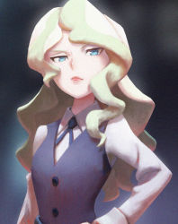 Rule 34 | 1girl, blue eyes, blue vest, diana cavendish, elvafirst, eyebrows hidden by hair, frown, highres, light green hair, little witch academia, long hair, solo, upper body, vest, wavy hair