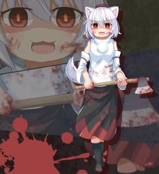 Rule 34 | 1girl, animal ears, axe, black footwear, blood, blood on clothes, blood on face, blood splatter, close-up, detached sleeves, full body, hair between eyes, hat, holding, holding axe, inubashiri momiji, looking at viewer, medium skirt, no nose, orange pupils, pom pom (clothes), red eyes, saisoku no yukkuri, shaded face, short hair, silver hair, skirt, smile, socks, solo, tail, tokin hat, touhou, walking, weapon, wide sleeves, wolf ears, wolf tail