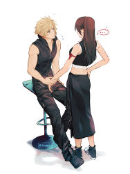 Rule 34 | 1boy, 1girl, apron, arm ribbon, bare arms, bare shoulders, black hair, blonde hair, blue eyes, blush, breasts, brown hair, chair, cloud strife, couple, crop top, earrings, final fantasy, final fantasy vii, final fantasy vii advent children, full body, hand grab, hand on own hip, high collar, highres, jewelry, long hair, looking at another, maiii (smaii i), open mouth, ribbon, simple background, sitting, sleeveless, spiked hair, standing, tifa lockhart, waist apron