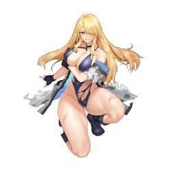 Rule 34 | 1girl, angry, arm under breasts, black choker, blonde hair, blue footwear, blue gloves, blue one-piece swimsuit, boots, breasts, camouflage, camouflage jacket, choker, cleavage, clenched teeth, collarbone, defeat, fingerless gloves, full body, game cg, gloves, hair over one eye, hand on own arm, high heel boots, high heels, highleg, highleg swimsuit, highres, indomitable marie, injury, jacket, large breasts, last origin, long hair, looking at viewer, military jacket, multi-strapped swimsuit, official alternate costume, official art, on one knee, one-piece swimsuit, open clothes, open jacket, open mouth, rubber boots, sidelocks, simple background, skindentation, solo, sweat, swimsuit, swimsuit under clothes, tachi-e, teeth, thick thighs, thighs, torn clothes, torn jacket, torn straps, torn swimsuit, transparent background, tunamayo (dsasd751), white jacket, yellow eyes