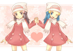 Rule 34 | 00s, 2girls, alternate costume, beanie, blue eyes, blue hair, creatures (company), cubexcube, dawn (pokemon), dual persona, game freak, hat, heart, holding hands, multiple girls, multiple persona, nintendo, one eye closed, pokemon, pokemon adventures, pokemon dppt, scarf, wink, winter clothes