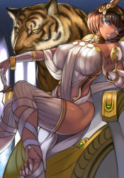 Rule 34 | 1girl, backless outfit, bare shoulders, bastet (mythology), blue eyes, bracelet, breasts, brown hair, crossed legs, cup, dark skin, drinking glass, egyptian, egyptian clothes, egyptian mythology, facial mark, fingernails, gold, hair ornament, highres, hoshara, jewelry, large breasts, long fingernails, nail polish, original, parted lips, pelvic curtain, ribbed legwear, short hair, sitting, smile, swept bangs, thighhighs, tiger, vambraces, white nails, wine glass
