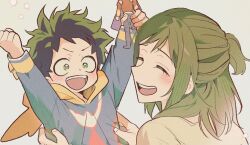 1boy 1girl action_figure arms_up blush boku_no_hero_academia child closed_eyes freckles green_hair grey_background holding holding_toy midoriya_inko midoriya_izuku mother_and_son myphi1ia open_mouth short_hair short_ponytail superhero_costume toy