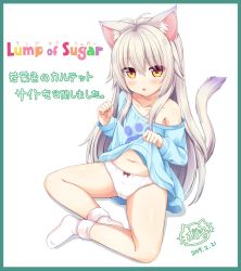Rule 34 | 1girl, :3, :d, animal ears, bad id, bad twitter id, bare legs, blue shirt, border, cat ears, cat tail, clothes lift, commentary request, dated, fang, full body, green border, highres, inactive account, lifted by self, long hair, long sleeves, no pants, off shoulder, open mouth, orange eyes, original, panties, paw print, sakuraba hikaru (loveindog), shirt, shirt lift, sitting, smile, socks, tail, translation request, underwear, white background, white hair, white panties, white socks