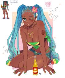 Rule 34 | 1girl, absurdres, alternate skin color, aqua hair, bottle, braid, breasts, cleavage, dark-skinned female, dark skin, denim, denim shorts, dreadlocks, earrings, eyeshadow, flower, full body, green eyeshadow, hair flower, hair ornament, hatsune miku, hibiscus, highres, hoop earrings, jamaica, jamaican flag, jewelry, looking at viewer, makeup, medium breasts, midriff, necklace, one eye closed, reference inset, shorts, sitting, sketch, skull fraxr, solo, tank top, tongue, tongue out, twintails, very dark skin, vocaloid, worldwide miku