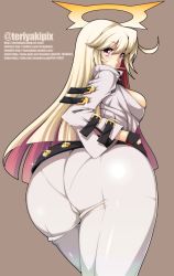 Rule 34 | 1girl, artist name, ass, bad id, bad pixiv id, belt, black gloves, bodysuit, breasts, buckle, candy, spiked halo, cowboy shot, curvy, eyebrows, food, from behind, gloves, guilty gear, guilty gear xrd, hair between eyes, halo, highres, hip focus, hiromin, huge ass, jack-o&#039; valentine, large breasts, lens flare, lollipop, long hair, long sleeves, looking at viewer, looking back, mouth hold, multicolored hair, pantylines, red eyes, red hair, simple background, skin tight, solo, sparkle, twitter username, two-tone hair, watermark, web address, wide hips