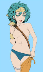 Rule 34 | 1girl, blue eyes, blue hair, breasts, cameltoe, chunsoft, circlet, curly hair, dragon quest, dragon quest iv, ebisui, enix, green hair, heroine (dq4), matching hair/eyes, medium breasts, open mouth, panties, solo, sword, topless, underwear, undressing, weapon