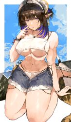 Rule 34 | 1girl, absurdres, arknights, arm support, bikini, bikini under shorts, black hair, blue eyes, blue hair, blue sky, border, bracelet, breasts, commentary request, commission, earrings, eunectes (arknights), finger to mouth, highres, jewelry, kneeling, large breasts, looking at viewer, multiple bracelets, multiple earrings, muscular, muscular female, necklace, parted lips, pointy ears, sandals, second-party source, see-through, short hair, short ponytail, short shorts, shorts, sky, snake girl, snake tail, solo, stomach, swimsuit, tail, thighs, underboob, white bikini, white headwear, yuki flourish
