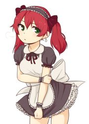 Rule 34 | 10s, 1girl, alternate costume, apron, bow, braid, breasts, catmouth, cave (neptunia), cleavage, enmaided, female focus, frills, green eyes, maid, maid apron, maid headdress, neptune (series), puffy sleeves, red hair, solo, twin braids, twintails, waist apron, wrist cuffs