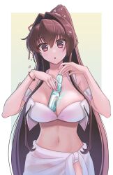 Rule 34 | 1girl, ayuko91, between breasts, bikini, breasts, brown eyes, brown hair, cherry blossoms, flower, hair flower, hair ornament, highres, kantai collection, large breasts, long hair, official alternate costume, pink bikini, pink sarong, ponytail, ramune, sarong, smile, solo, swimsuit, two-tone background, very long hair, white background, yamato (kancolle), yamato kai ni (kancolle), yellow background