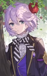 Rule 34 | 1boy, apple, bow, bowtie, buttons, chorefuji, closed mouth, commentary request, day, diagonal-striped neckwear, epel felmier, eyelashes, food, fruit, green eyes, hair between eyes, hand up, jacket, leaf, long sleeves, male focus, open clothes, open jacket, outdoors, purple hair, purple vest, shirt, short hair, solo, striped bow, striped bowtie, striped clothes, striped neckwear, tree, twisted wonderland, upper body, vest, white shirt