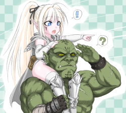 Rule 34 | !, 1boy, 1girl, ?, blue eyes, boots, bridal gauntlets, cape, carrying, child, elf, fingerless gloves, gloves, harahachibu ajinosuke, leotard, long hair, muscular, orc, original, pointing, pointy ears, scar, shoulder carry, spoken exclamation mark, spoken question mark, tattoo, yellow eyes