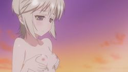 Rule 34 | 00s, 1girl, bandaid, blue eyes, grabbing another&#039;s breast, breasts squeezed together, breasts, ezomori nozomu, grabbing, kanokon, nipples, no nose, nude, sad, short hair, silver hair, small breasts, solo, sunset