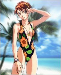 Rule 34 | 1990s (style), 1girl, arm up, beach, casual one-piece swimsuit, center opening, cowboy shot, day, floral print, hairband, halterneck, jewelry, light smile, looking at viewer, lowres, necklace, official art, one-piece swimsuit, outdoors, photo background, red eyes, red hair, retro artstyle, short hair, solo, swimsuit, takiguchi shouko, watch, wristwatch, yamada masaki, zenkoku seifuku bishoujo grand prix