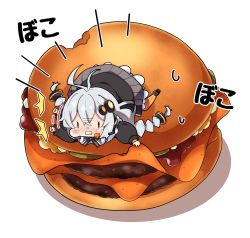 Rule 34 | 1girl, ^^^, afterimage, antenna hair, black footwear, black jacket, blush, braid, brown eyes, burger, chibi, clenched teeth, commentary request, food, full body, grey hair, hair between eyes, hair ornament, headset, highres, jacket, kizuna akari, long hair, long sleeves, low twintails, milkpanda, mini person, minigirl, nose blush, orange pantyhose, pantyhose, puffy long sleeves, puffy sleeves, shadow, sharp teeth, shoe soles, shoes, solo, star (symbol), striped clothes, striped pantyhose, sweat, tears, teeth, translation request, twin braids, twintails, vertical-striped clothes, vertical-striped pantyhose, very long hair, voiceroid, white background