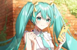 Rule 34 | 1girl, blue eyes, blue hair, blush, brick wall, cellphone, collared shirt, commentary request, earbuds, earphones, hair ribbon, hatsune miku, highres, holding, holding phone, long hair, looking at viewer, necktie, outdoors, phone, ribbon, shirt, smartphone, smile, solo, teneko02, twintails, upper body, vocaloid