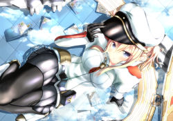 Rule 34 | 10s, 1girl, adjusting clothes, adjusting headwear, black pantyhose, blonde hair, blue eyes, box, breasts, capelet, card, cloud, flight deck, from above, gloves, graf zeppelin (kancolle), hair between eyes, hat, highres, impossible clothes, jacket, kantai collection, large breasts, long hair, long sleeves, looking at viewer, looking up, machinery, miniskirt, natsume (azisaisuki1), necktie, pantyhose, peaked cap, reflection, sidelocks, sitting, skirt, solo, turret, twintails, uniform, water, wet, wet clothes