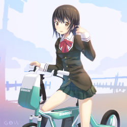 Rule 34 | 1girl, adjusting hair, bad id, bad pixiv id, bianchi (company), bicycle, black hair, blush, brown eyes, day, female focus, highres, looking at viewer, open mouth, original, outdoors, plaid, plaid skirt, riding, school uniform, short hair, skirt, sky, smile, solo, tougetsu gou