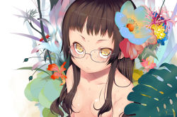 Rule 34 | 1girl, bad id, bad pixiv id, bare shoulders, blush, breasts, brown hair, censored, collarbone, convenient censoring, dancho (dancyo), female focus, flower, glasses, hair censor, hair flower, hair ornament, hair over breasts, highres, leaf, long hair, long image, looking at viewer, original, plant, shiny skin, signature, simple background, skull.03, small breasts, solo, sweat, topless, topless frame, upper body, white background, wide image, yellow eyes