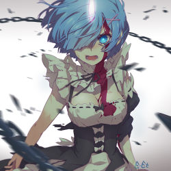 Rule 34 | 10s, 1girl, blood, blood on breasts, blood on face, blood on clothes, blue eyes, breasts, chain, cleavage, glowing, glowing eye, hair ornament, hair over one eye, horns, looking at viewer, maid, maid headdress, md5 mismatch, open mouth, re:zero kara hajimeru isekai seikatsu, rem (re:zero), shanpao, short hair, single horn, solo, spoilers, torn clothes, upper body, x hair ornament