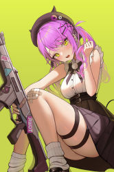 Rule 34 | 1girl, absurdres, assault rifle, bandaid, bandaid on knee, bandaid on leg, beret, black bow, black hat, black skirt, blush, bow, commentary, dong ji, dress shirt, ear piercing, fake horns, green background, green eyes, gun, hair ornament, hairclip, hat, high-waist skirt, highres, holding, holding gun, holding weapon, hololive, horned headwear, horns, long hair, looking at viewer, open mouth, piercing, pleated skirt, purple hair, rifle, shirt, simple background, skirt, socks, solo, squatting, tearing up, thigh strap, tokoyami towa, twintails, upper body, virtual youtuber, weapon, white shirt, white socks, x hair ornament