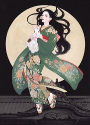 1girl animal black_hair floating floating_hair floral_print floral_print_kimono full_body green_kimono highres holding holding_animal huge_moon japanese_clothes kaguya_hime kimono long_hair miki_katoh_(hinamokuren) moon night obi pink_sash rabbit red_lips sandals sash socks solo tabi taketori_monogatari white_rabbit_(animal) white_socks zouri